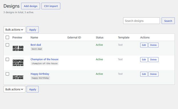 Designs listed in the WordPress admin